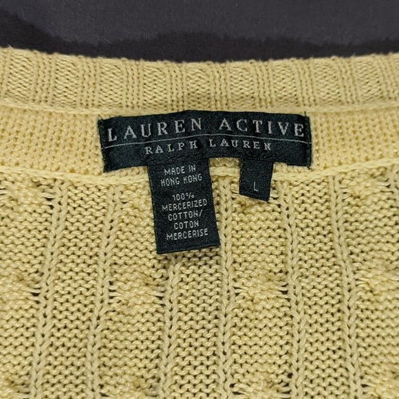 Lauren Active | Women's Cable Knit Cotton V-Neck Sweater Yellow Large - Picture 4 of 4